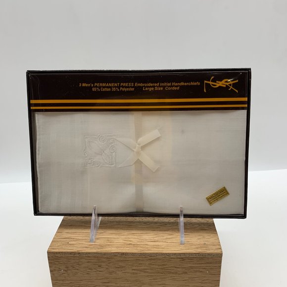 NIB VTG Yves St Laurent box set 3 B-monogrammed handkerchiefs cotton/polyester - Picture 4 of 8
